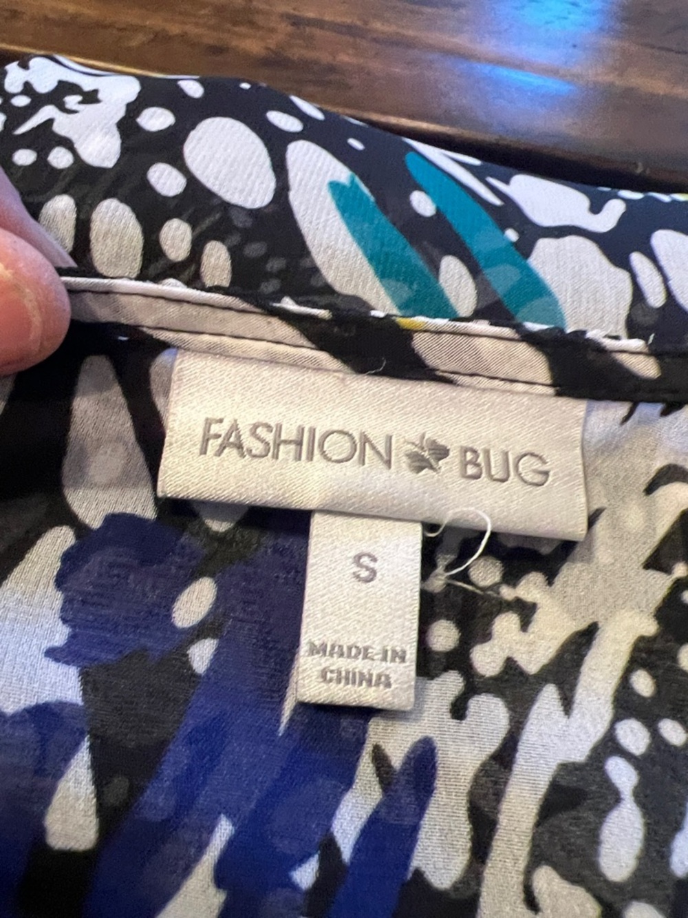 Fashion Bug Black Abstract Print Blouse with White, Yellow & Teal Accents - Picture 9 of 10